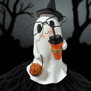 Cute Nerdy Ghost in Witch Hat with Glasses, Pumpkin Latte, and Pumpkin Pale